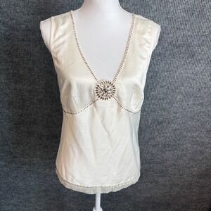 Vintage New York & Company Cream Satin V-Neck Blouse Beaded Medallion Large